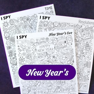 New Year's I Spy Bundle - PRINTABLE - Answer Key Included! Three 8.5x11" pages: NYE, Resolutions, Time/Clocks. Instant download PDF.