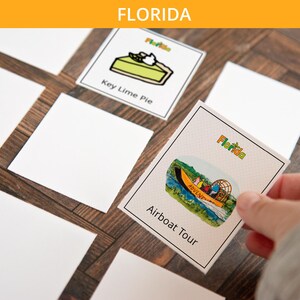 Jeu de mémoire Florida - Activité imprimable à télécharger au format PDF. Jeu d'association. 36 cartes illustrées représentant des symboles et des aspects de l'État américain.