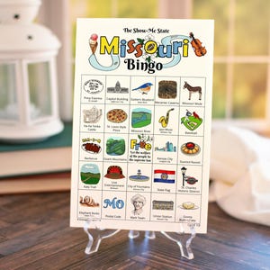 Cartões de Bingo do Missouri - 50 cartões exclusivos para IMPRIMIR, baixe instantaneamente. Atividade divertida sobre o estado do Missouri para crianças e idosos. Jogo educativo para educação domiciliar.