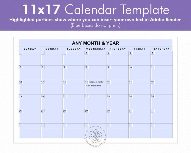 11x17 Calendar Template - Editable landscape calendar, any month, A3 tabloid ledger paper, large printable calendar, fillable pdf, monthly image 2