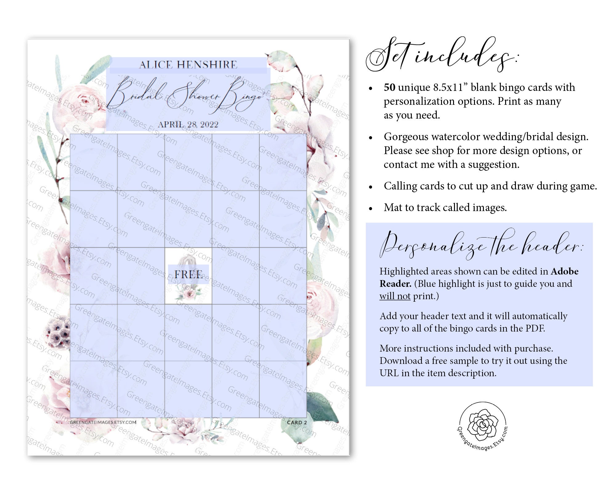 FILLABLE Bridal Bingo Template: 50 Cards Printable bingo pdf | Etsy