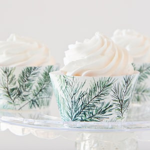 Involucri per cupcake sempreverdi - idee per matrimoni, verde, rami di pino acquerellati, cupcake natalizi, idea per feste invernali, idea per matrimoni invernali
