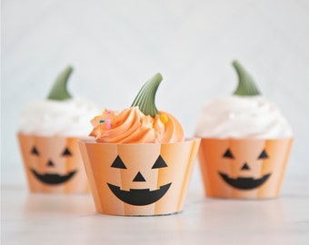 Jack-O-Lantern Cupcake Wrappers with Toppers - PRINTABLE cupcake wrappers, halloween decor, cupcake toppers, pumpkin wrapper and stem topper