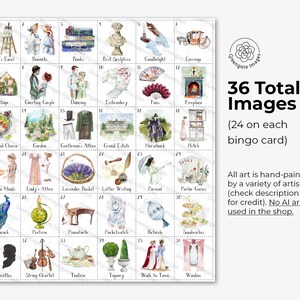 May include: A grid of 36 numbered watercolor illustrations featuring historical themes like artist easels, bonnets, books, sculptures, carriages, cottages, dancing couples, fans, fireplaces, fruit, gardens, attire, estates, horses, and tea sets.
