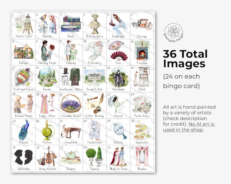 May include: A grid of 36 numbered watercolor illustrations featuring historical themes like artist easels, bonnets, books, sculptures, carriages, cottages, dancing couples, fans, fireplaces, fruit, gardens, attire, estates, horses, and tea sets.