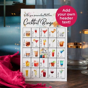 Cocktail Bingo: 50 druckbare Bingokarten mit Bildern von gekennzeichneten alkoholischen Getränken. Personalisierte bearbeitbare, ausfüllbare PDF-Datei. Füge Text in Adobe hinzu.