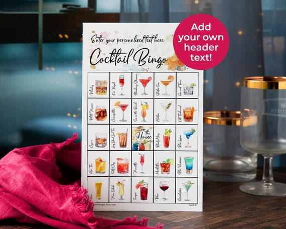 Cocktail Bingo: 50 printable bingo cards with labeled alcoholic beverage pictures. Personalized editable fillable PDF. Add text in Adobe.