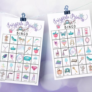 Sprookjesprinses bingokaarten: afdrukbare bingokaarten, 50 kaarten, spelactiviteit voor kinderen, gelabelde kleurenfoto's, spelidee verjaardagsfeestje meisjes