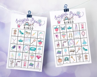 Fairytale Princess Bingo Cards: Printable bingo cards, 50 cards, kids game activity, labeled color pictures, girls birthday party game idea