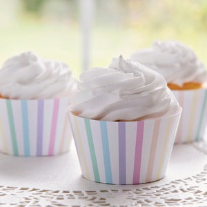 Printable Cupcake Wrapper - pastel rainbow, girl birthday, party printables, cupcake wrap, rainbow party, vertical stripes, rainbow ideas