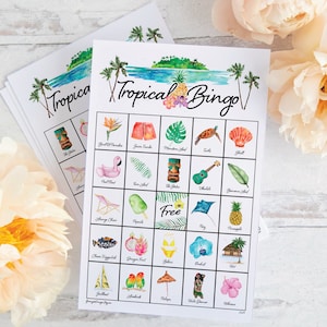 Bingo Tropical: 50 cartões IMPRIMÍVEIS, jogo de bingo em pdf, ideias de jogos para festas, jogo para idosos, atividades para crianças, ideia de festa tropical luau no Havaí