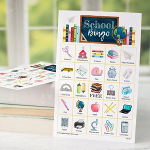 School Bingo Cards: Printable bingo cards, color pictures, 50 cards, teacher classroom games, rainy day classroom activity, homeschool game