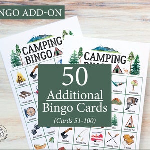 AJOUT : 50 cartes de camping bingo supplémentaires (numérotées de 51 à 100) pour aller avec le jeu original, vendues séparément