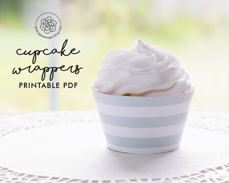 Light Gray Cupcake Wrapper gray wedding cupcakes, wedding printables, stripe printable, modern wedding, stripe decor, baby shower cupcake image 4