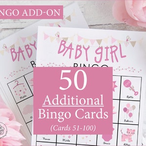 ADICIONAL: 50 cartelas de bingo Baby Girl adicionais (numeradas de 51 a 100) para acompanhar o jogo original, vendidas separadamente