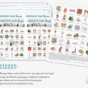 May include: A set of 50 unique Christmas Town Bingo cards with 36 different images. The cards are printed on white paper with a blue and white border. The images are watercolor illustrations of various Christmas-themed items, such as a bakery, a barn, a snowman, and a Christmas tree. The text "Christmas Town Bingo" is printed in black at the top of each card. The text "INCLUDES:" is printed in black at the bottom of the image. The text below "INCLUDES:" lists the contents of the set: 50 unique Bingo cards, 36 images, image calling cards, and an image chart/mat.
