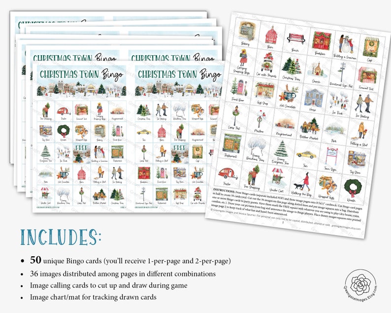May include: A set of 50 unique Christmas Town Bingo cards with 36 different images. The cards are printed on white paper with a blue and white border. The images are watercolor illustrations of various Christmas-themed items, such as a bakery, a barn, a snowman, and a Christmas tree. The text "Christmas Town Bingo" is printed in black at the top of each card. The text "INCLUDES:" is printed in black at the bottom of the image. The text below "INCLUDES:" lists the contents of the set: 50 unique Bingo cards, 36 images, image calling cards, and an image chart/mat.