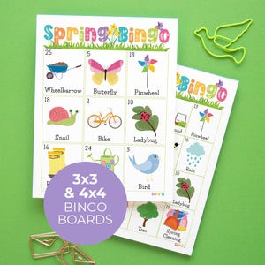 May include: Two Spring Bingo game boards featuring spring-themed illustrations, including butterflies, ladybugs, and rain. The boards are labelled "Spring Bingo" and include the text "3x3 & 4x4 BINGO BOARDS". A green bird-shaped paper clip is also visible.