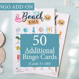 AJOUT : 50 cartes de bingo de plage supplémentaires (numérotées de 51 à 100) pour aller avec le jeu original, vendues séparément