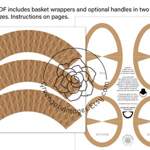 May include: Printable PDF template for creating a basket-shaped cupcake wrapper. The template includes two sizes of basket wrappers and optional handles. The image shows a brown basket wrapper with a woven pattern and a set of instructions for assembling the basket.