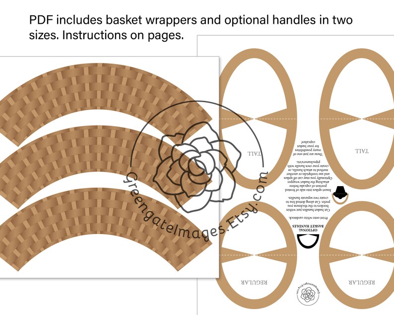 May include: Printable PDF template for creating a basket-shaped cupcake wrapper. The template includes two sizes of basket wrappers and optional handles. The image shows a brown basket wrapper with a woven pattern and a set of instructions for assembling the basket.