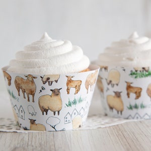 Sheep Cupcake Wrappers - PRINTABLE cupcake wraps pdf, farm animals barnyard theme, kid party, sheep and lambs with watercolor ink drawings