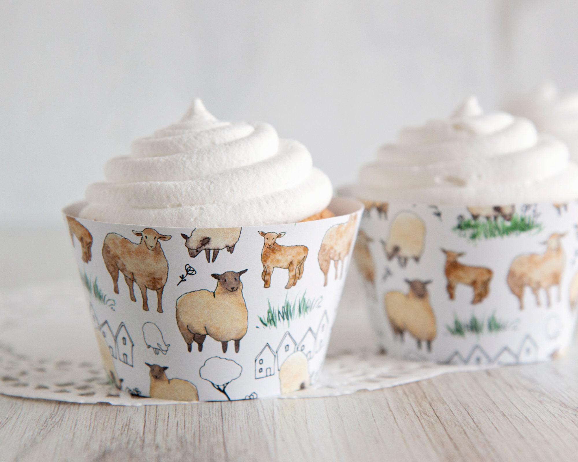 Sheep Cupcake Wrappers PRINTABLE cupcake wraps pdf farm animals barnyard theme kid party sheep and lambs with watercolor ink