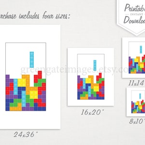 Peut inclure: T&eacute;l&eacute;chargement num&eacute;rique imprimable d'un motif inspir&eacute; de Tetris en quatre tailles&nbsp;: 24x36 pouces, 16x20 pouces, 11x14 pouces et 8x10 pouces. Le motif pr&eacute;sente une pile de blocs color&eacute;s dans un motif de type Tetris.