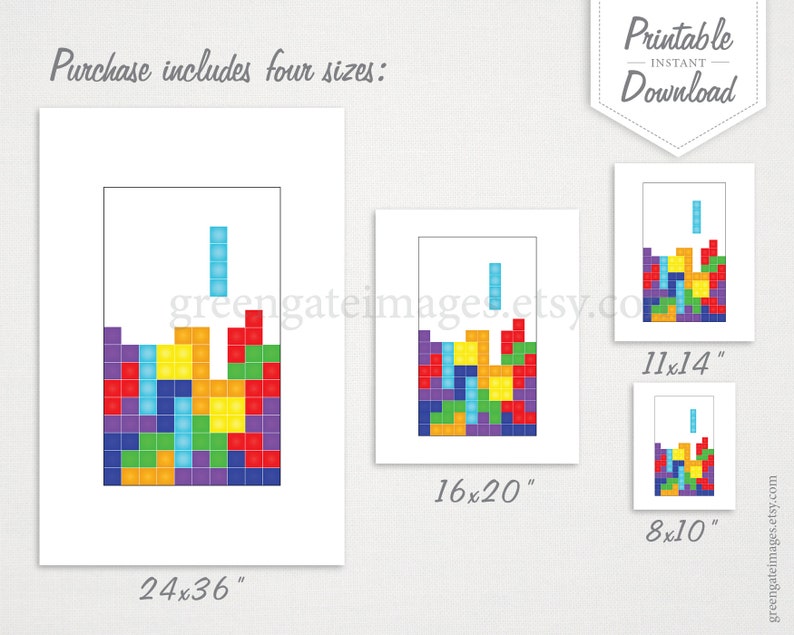 Peut inclure: T&eacute;l&eacute;chargement num&eacute;rique imprimable d'un motif inspir&eacute; de Tetris en quatre tailles&nbsp;: 24x36 pouces, 16x20 pouces, 11x14 pouces et 8x10 pouces. Le motif pr&eacute;sente une pile de blocs color&eacute;s dans un motif de type Tetris.