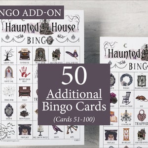 AJOUT : 50 cartes de bingo maison hantée supplémentaires (numérotées de 51 à 100) pour aller avec le jeu original, vendues séparément