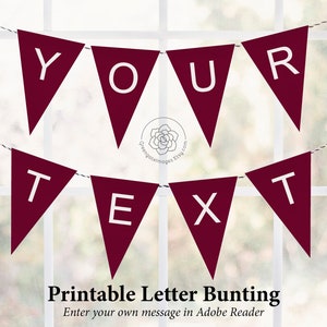 Burgundy Letter Banner - editable banner, bunting letters, party decor, party printable, custom banner message, fillable pdf, birthday ideas