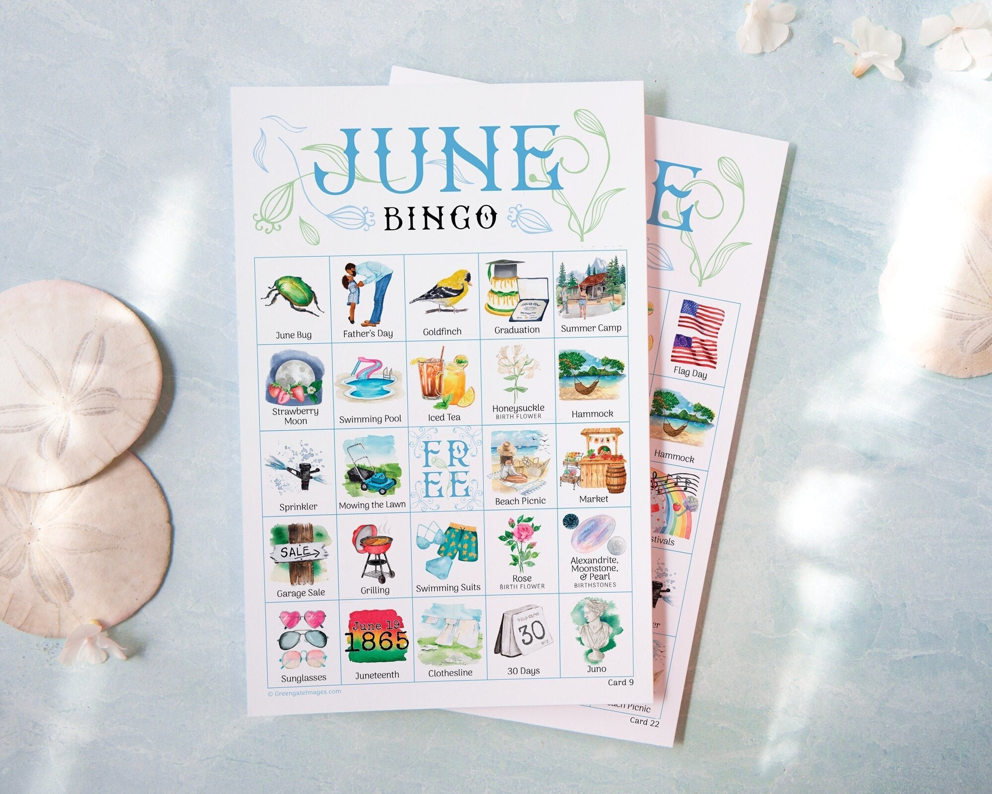 June Bingo - 50 PRINTABLE unique cards. Instant digital download PDF. Fun activity for June birthdays, Flag Day, summer potlucks, picnics.
