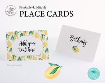 Lemon Buffet Signs - Printable Placecards, Corjl, lemons with leaves, Buffet Cards, Food Labels, Tented Card, fruit party Lemon Printable