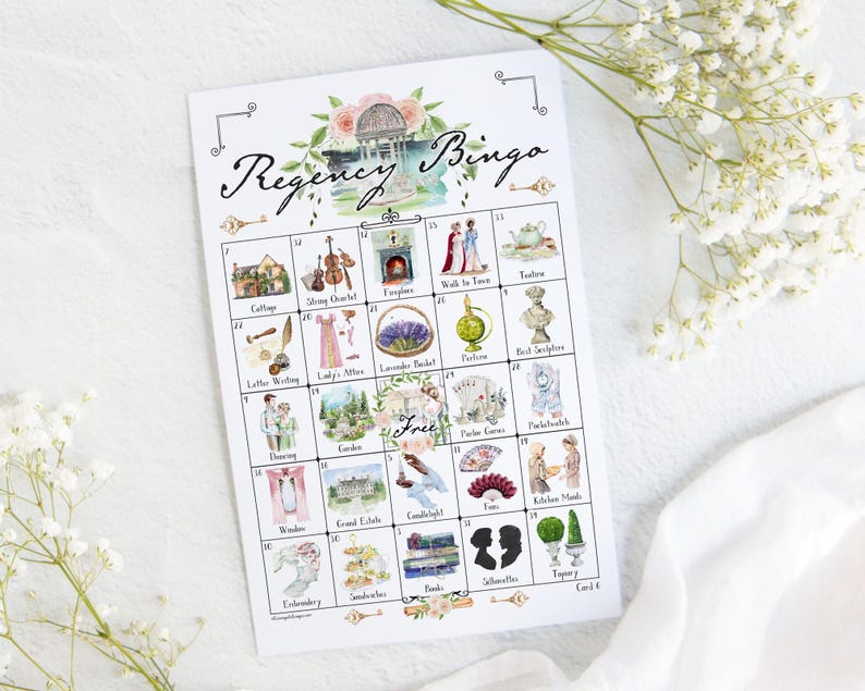 May include: A Regency Bingo game card featuring a grid of watercolor illustrations including a cottage, string quartet, fireplace, teapot, letter writing, lavender basket, perfume, bust sculpture, garden, playing cards, pocket watch, and fans.