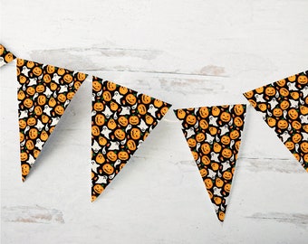 Ghost and Jack-o-Lantern Bunting - PRINTABLE banner flags with candy corn, pumpkins pattern. Cute for kids and adults Halloween party decor.