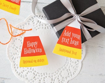 Candy Corn Gift Tags - Printable bag tags that you can personalize in Corjl. Candy corn shaped tags, Halloween gift ideas, treats favor bags