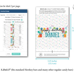 Puede incluir: Dise&ntilde;o imprimible para envoltorios de barritas de chocolate. El dise&ntilde;o presenta un fondo de lunares coloridos con una pancarta que dice "feliz cumplea&ntilde;os DANIEL". El envoltorio mide 13,3 cm por 14 cm.