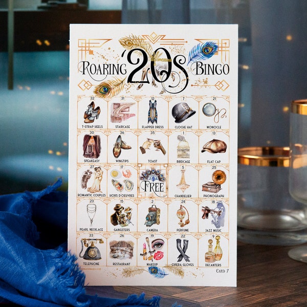 Roaring '20s Bingo Game - 50 PRINTABLE unique cards. Instant digital download PDF. Fun activity for adult 1920s Gatsby and flapper parties.