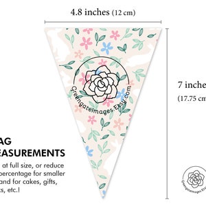 May include: A printable triangle flag with a floral pattern in pink, blue, and green. The flag measures 7 inches tall and 4.8 inches wide. The text "GreengateImages.Etsy.com" is printed on the flag.