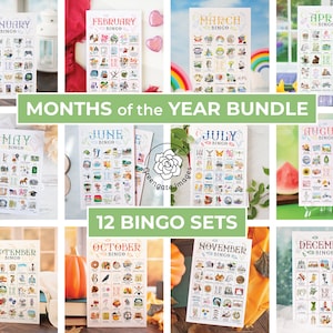 BUNDLE: Month Bingo Sets - 12 bingo sets at a huge discount. 50 unique cards per set. Hand-painted watercolor artwork. Year-round fun.