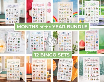 BUNDLE: Month Bingo Sets - 12 bingo sets at a huge discount. 50 unique cards per set. Hand-painted watercolor artwork. Year-round fun.