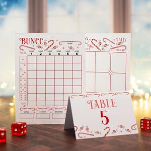 Candy Cane Bunco-scorekaartset - AFDRUKBARE digitale download-pdf met tel- en tafelnummerkaarten. Feestspel, idee voor grote groepsactiviteiten.