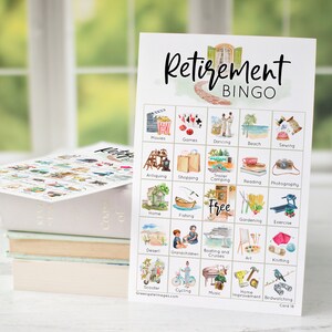 Bingo à la retraite - 50 cartes à imprimer en téléchargement pdf, idées de jeux de société, activité pour retraités, bingo pour adultes propre avec de jolies images et légendes.