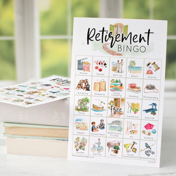 Retirement Bingo - 50 PRINTABLE cards pdf download, party game ideas, retiree activity, clean adult bingo with pretty pictures & captions.