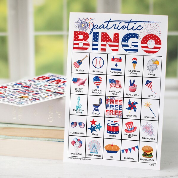 Patriotic Bingo Cards: Printable bingo, 50 cards, 4th of July party idea, Memorial Day, red white blue, senior citizen activity, kids game