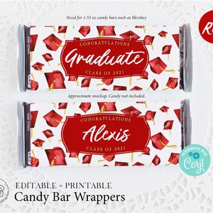 Red Graduation Candy Bar Wrappers - Custom chocolate wrap editable Corjl personalized candy label, congratulations graduate, add grad name