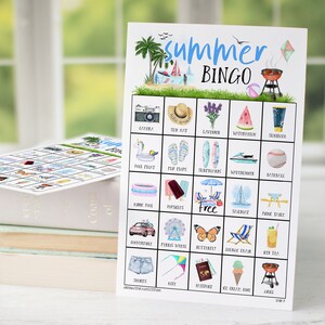 Tarjetas de bingo de verano: bingo imprimible, 50 tarjetas, actividad para personas mayores, juego para niños, idea para una fiesta de verano, bingo con imágenes, juego de campamento en la playa