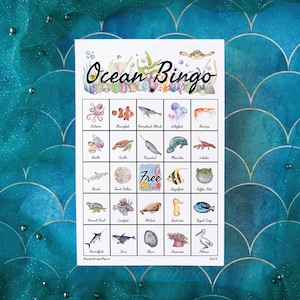 Cartões de bingo do oceano: cartões de bingo para impressão, 50 cartões, atividade de jogo para crianças, imagens coloridas rotuladas, estudos de vida marinha de criaturas marinhas debaixo d'água