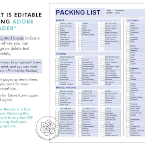 May include: A printable packing list checklist with categories for basics, travel aids, funds, travel info, clothing, hygiene, meds/first aid, miscellaneous, contacts, technology, work, other, and accessories. The checklist is designed to be edited using Adobe Reader.