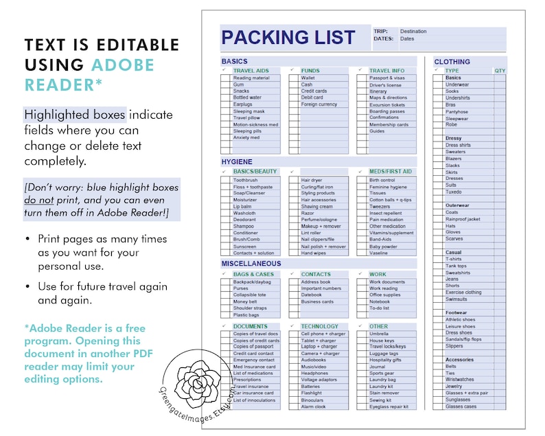 May include: A printable packing list checklist with categories for basics, travel aids, funds, travel info, clothing, hygiene, meds/first aid, miscellaneous, contacts, technology, work, other, and accessories. The checklist is designed to be edited using Adobe Reader.